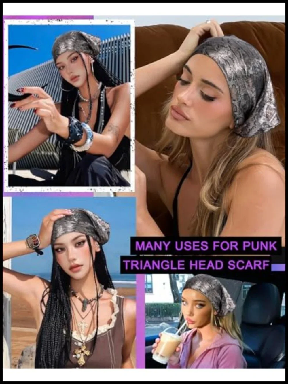 Punk Y2K Triangle Hair Scarf with Metal Charms, Soft & Breathable Headscarf